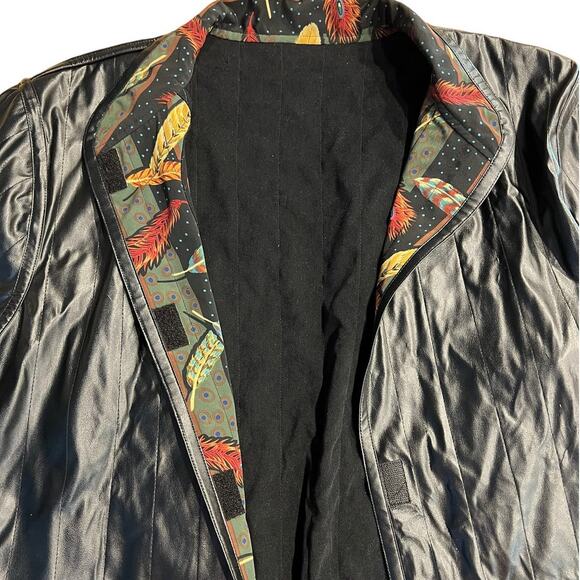 Vintage Koos Of Course! Black Feathers Reversible Vinyl & Polyester Jacket Large - Picture 12 of 16